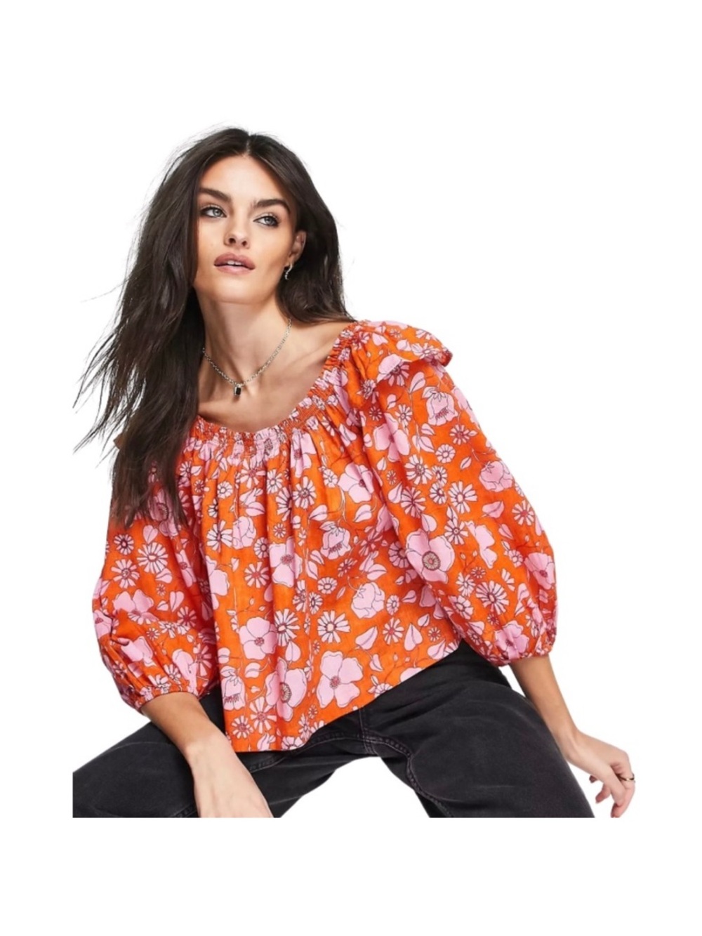 Free People Miss Daisy Pink and Orange Heat Wave Floral Smocked Peasant Blouse